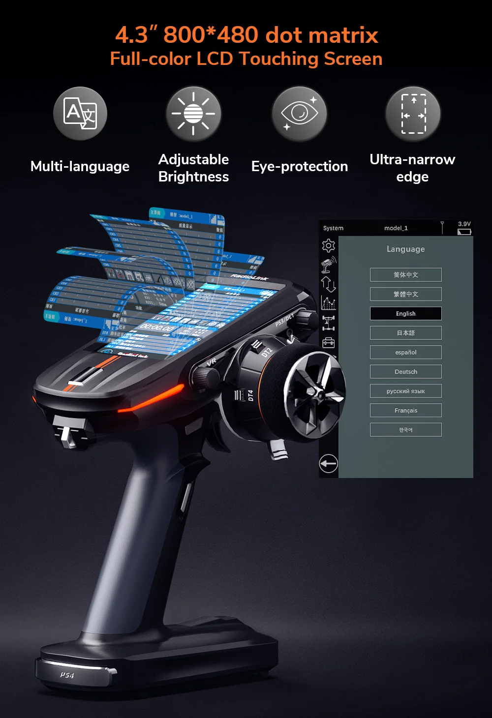 Radiolink RC8X 8CH 2.4G RC Transmitter with R8FG V2.1 Gyro Receiver, One Hand Control Accessory and Phone Holder for FPV Screen
