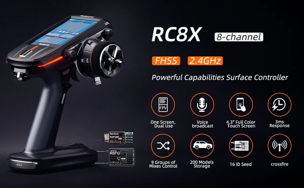Radiolink RC8X 8CH 2.4G RC Transmitter with R8FG V2.1 Gyro Receiver, One Hand Control Accessory and Phone Holder for FPV Screen
