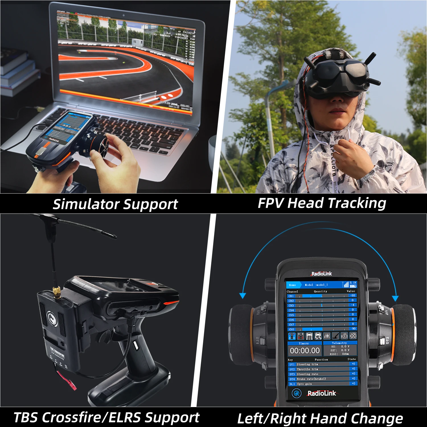 Radiolink RC8X 8CH 2.4G RC Transmitter with R8FG V2.1 Gyro Receiver, One Hand Control Accessory and Phone Holder for FPV Screen