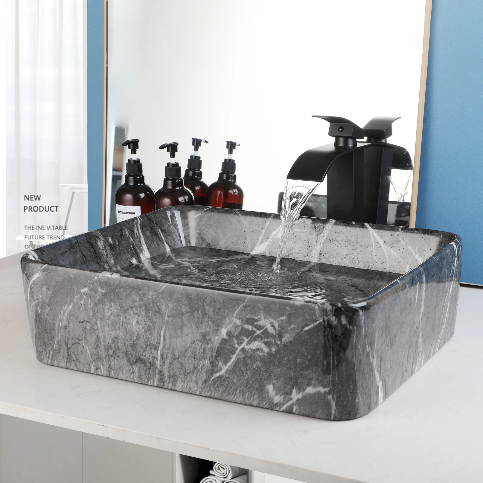 ZAPPO Black Bathroom Vessel Sink With Faucet and Drain, 19"x15"x6" Rectangular Vessel Sink Black Marble Bowl Sinks for Bathroom