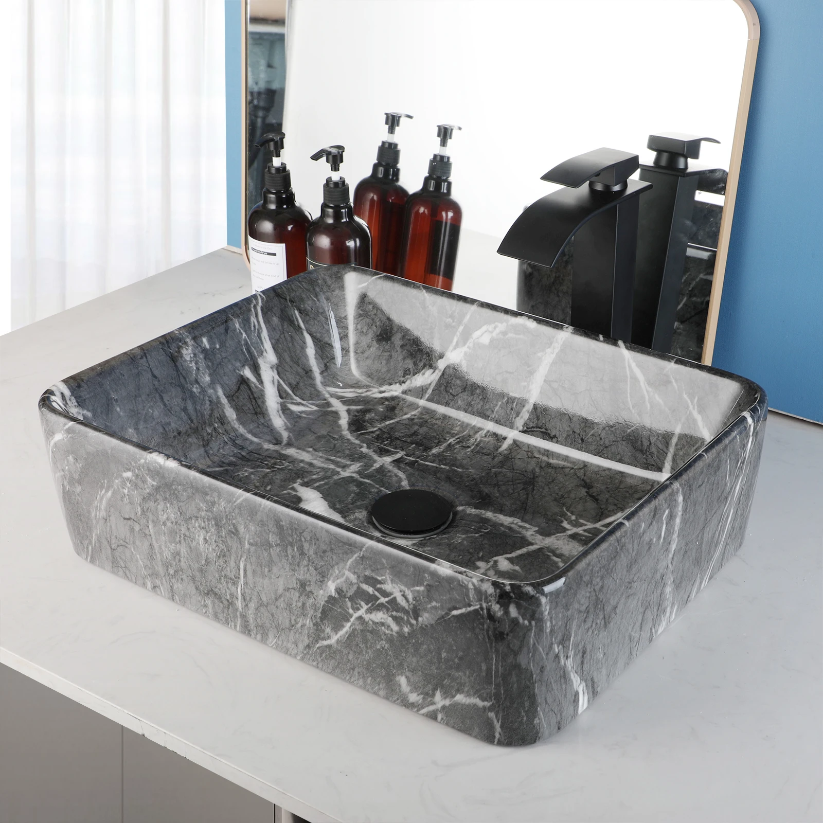 ZAPPO Black Bathroom Vessel Sink With Faucet and Drain, 19"x15"x6" Rectangular Vessel Sink Black Marble Bowl Sinks for Bathroom