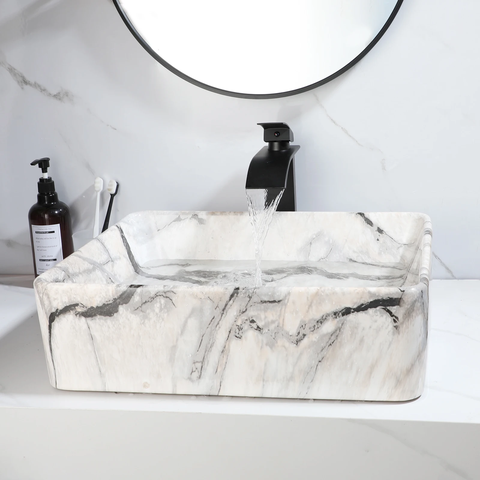 ZAPPO Black Bathroom Vessel Sink With Faucet and Drain, 19"x15"x6" Rectangular Vessel Sink Black Marble Bowl Sinks for Bathroom