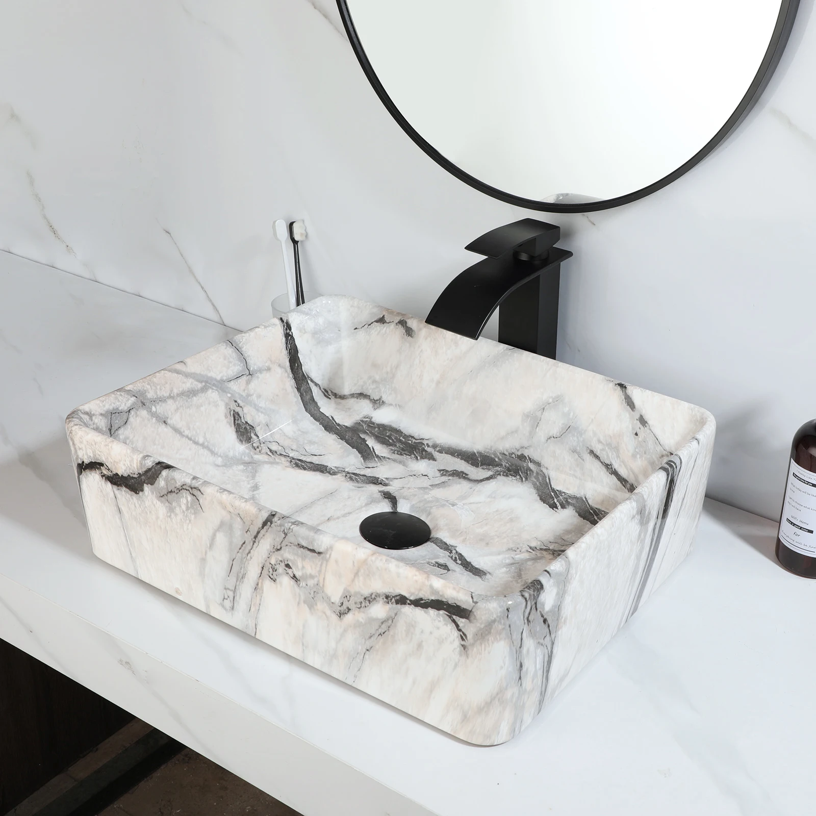 ZAPPO Black Bathroom Vessel Sink With Faucet and Drain, 19"x15"x6" Rectangular Vessel Sink Black Marble Bowl Sinks for Bathroom