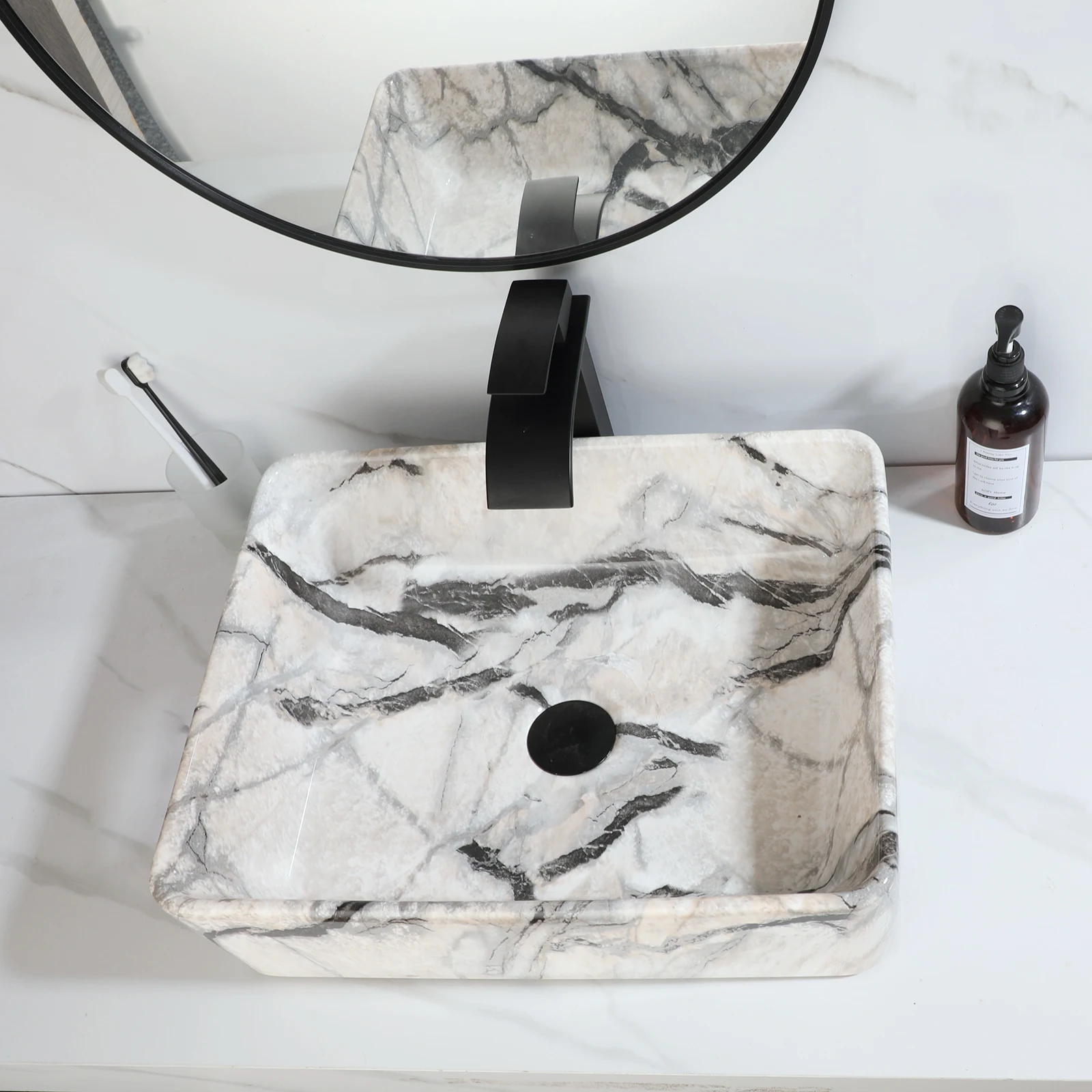 ZAPPO Black Bathroom Vessel Sink With Faucet and Drain, 19"x15"x6" Rectangular Vessel Sink Black Marble Bowl Sinks for Bathroom