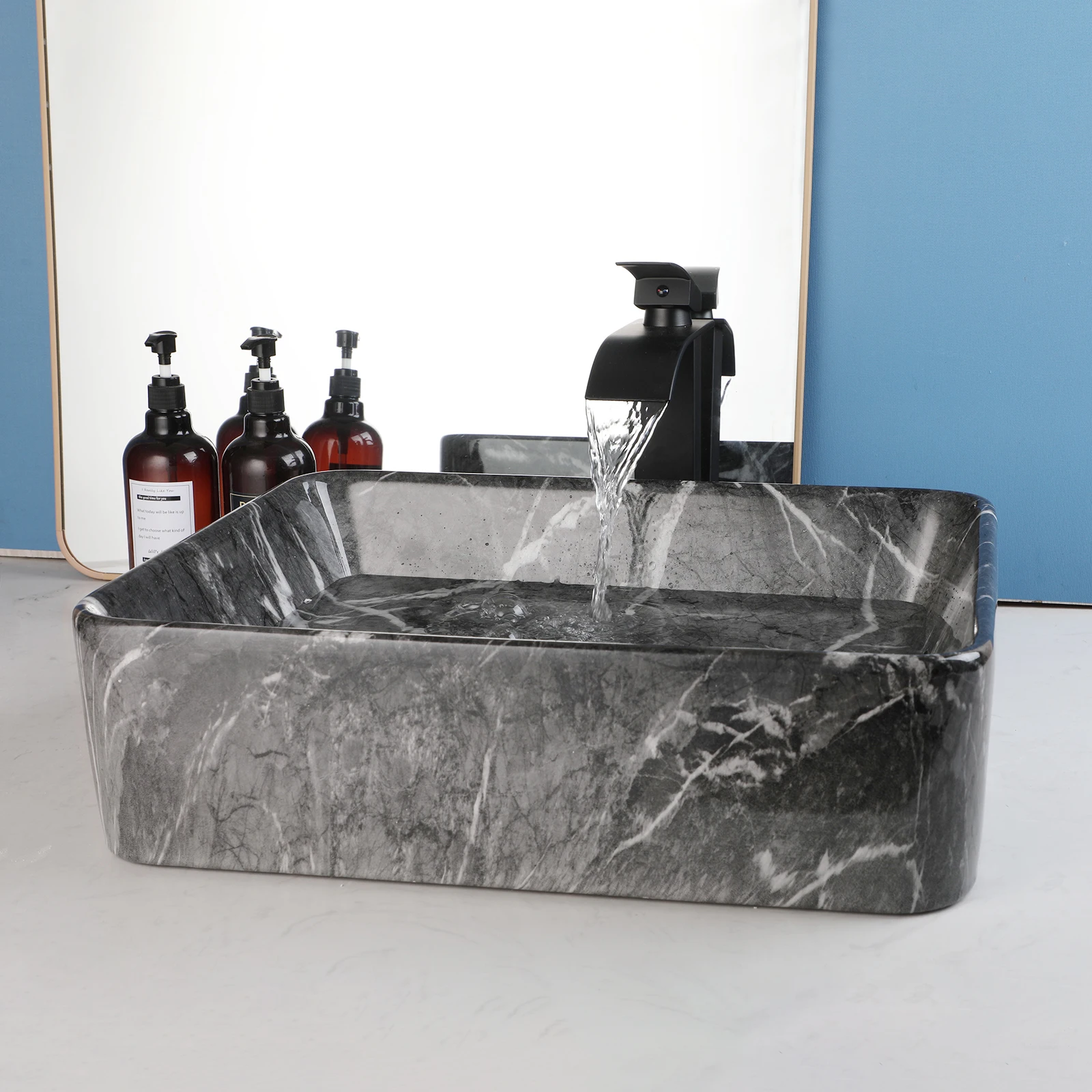 ZAPPO Black Bathroom Vessel Sink With Faucet and Drain, 19"x15"x6" Rectangular Vessel Sink Black Marble Bowl Sinks for Bathroom