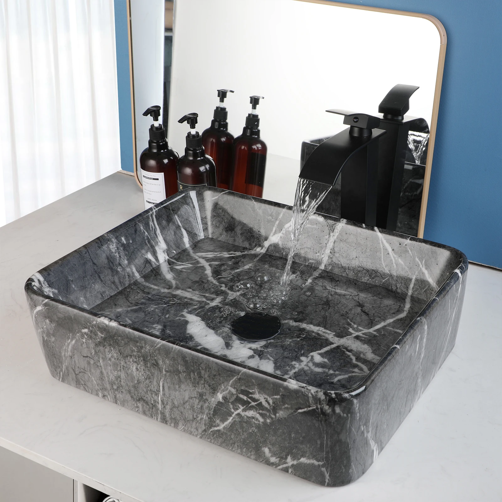 ZAPPO Black Bathroom Vessel Sink With Faucet and Drain, 19"x15"x6" Rectangular Vessel Sink Black Marble Bowl Sinks for Bathroom