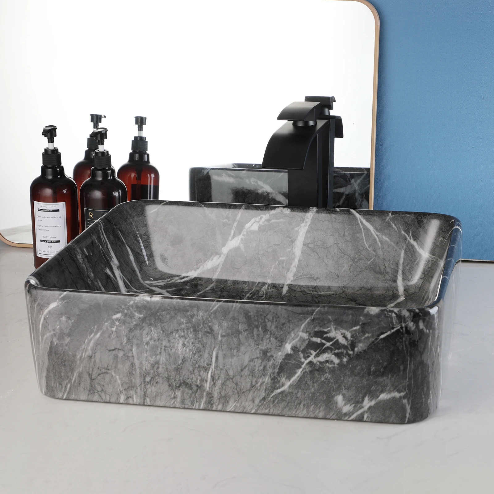 ZAPPO Black Bathroom Vessel Sink With Faucet and Drain, 19"x15"x6" Rectangular Vessel Sink Black Marble Bowl Sinks for Bathroom
