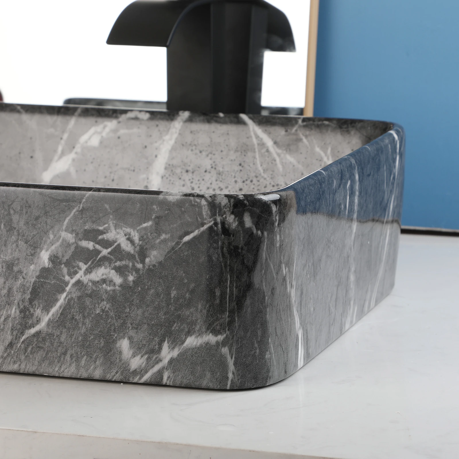 ZAPPO Black Bathroom Vessel Sink With Faucet and Drain, 19"x15"x6" Rectangular Vessel Sink Black Marble Bowl Sinks for Bathroom