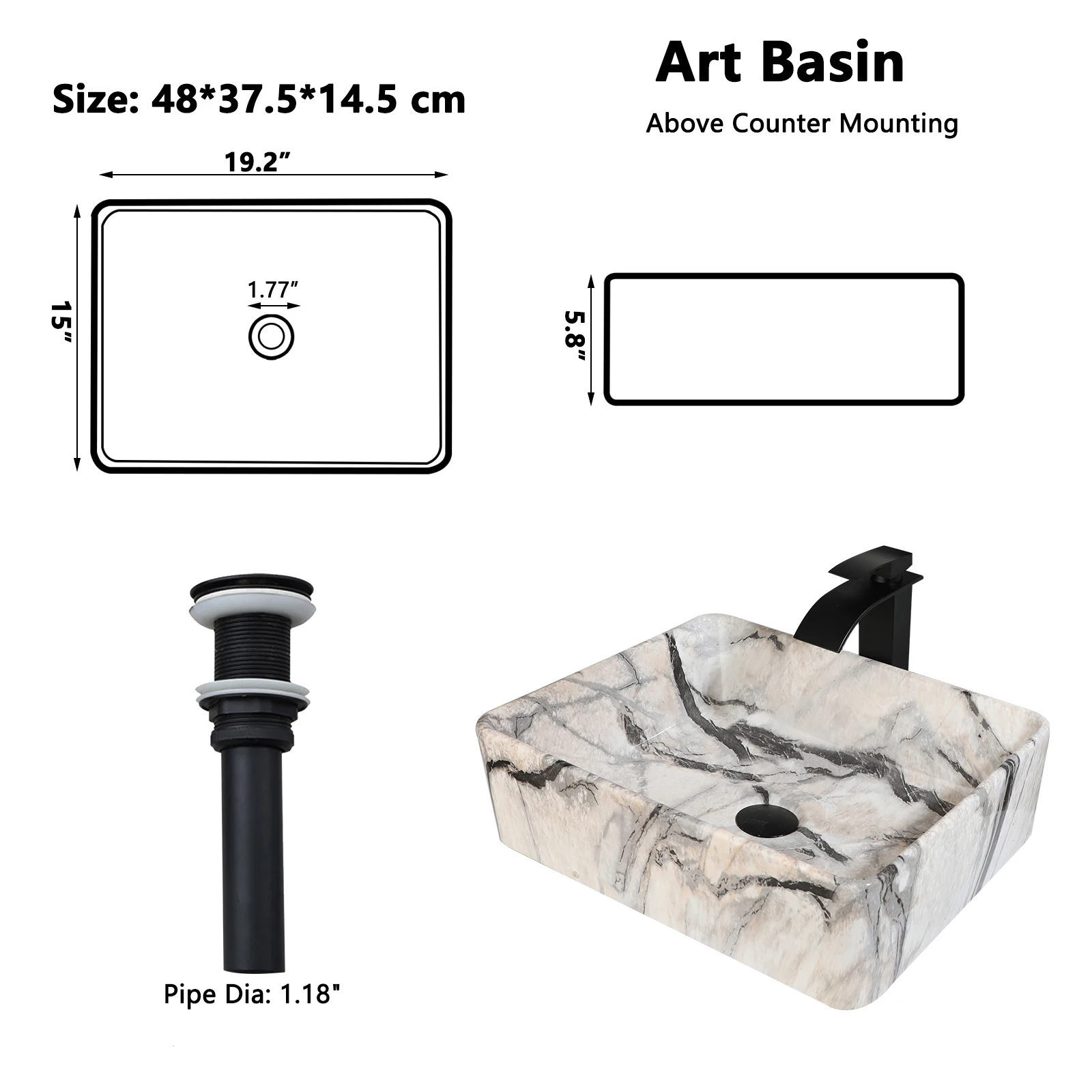 ZAPPO Black Bathroom Vessel Sink With Faucet and Drain, 19"x15"x6" Rectangular Vessel Sink Black Marble Bowl Sinks for Bathroom