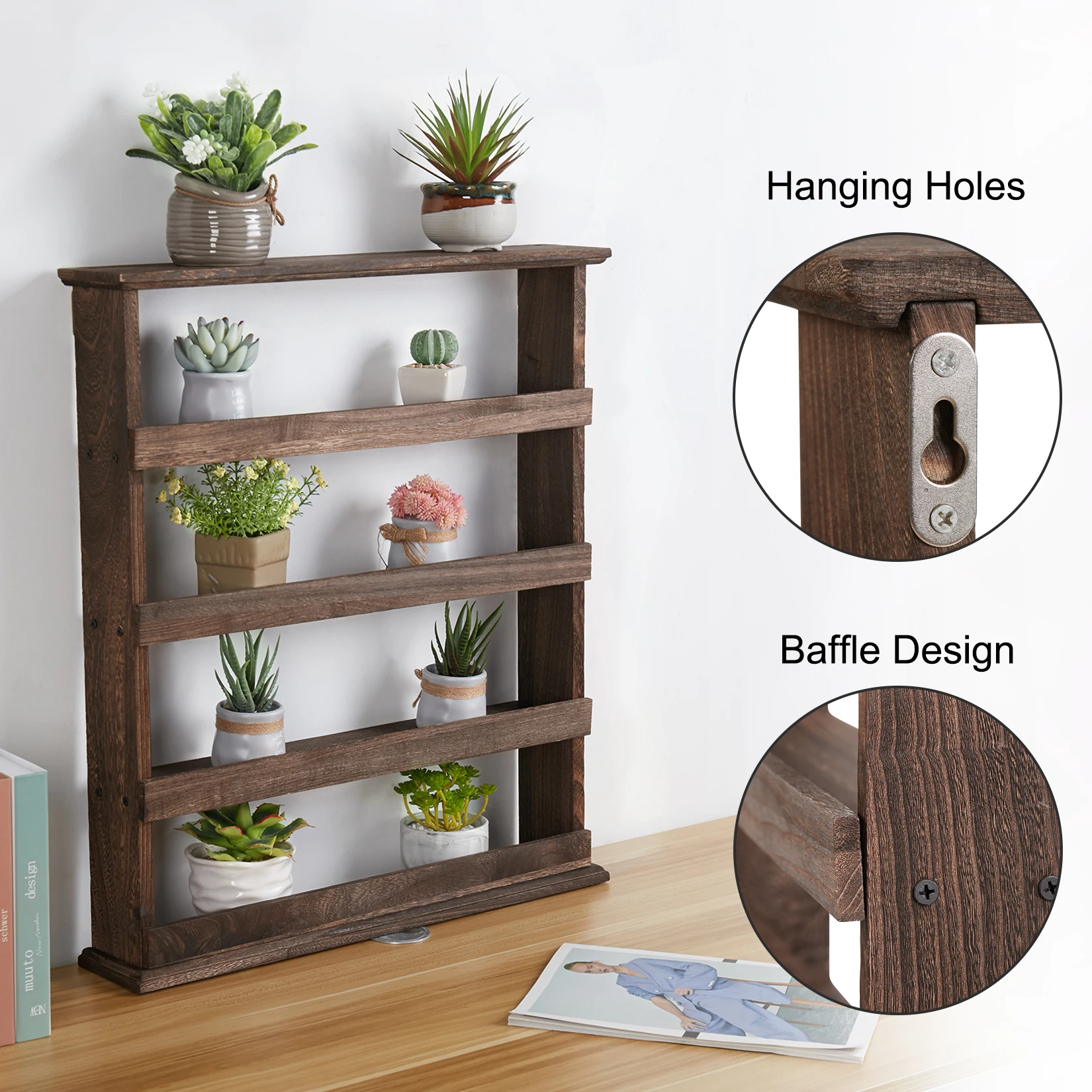 Rustic Torched Wood Wall Mounted 4-Tier Spice Rack Hanging Spice Shelf Storage Jars Stand Organizer