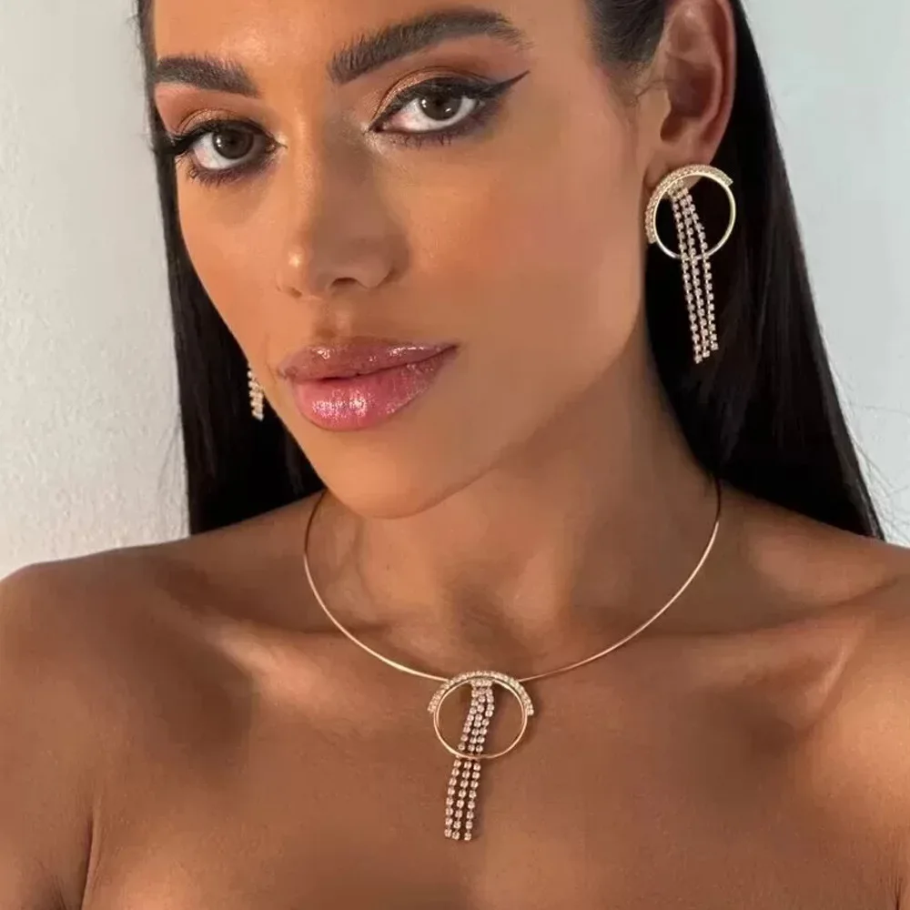 Stonefans Round Tassel Necklace Earring Set Luxury Indian Wedding New Bridal Jewelry Sets Women Accessories Fashion Rhinestone