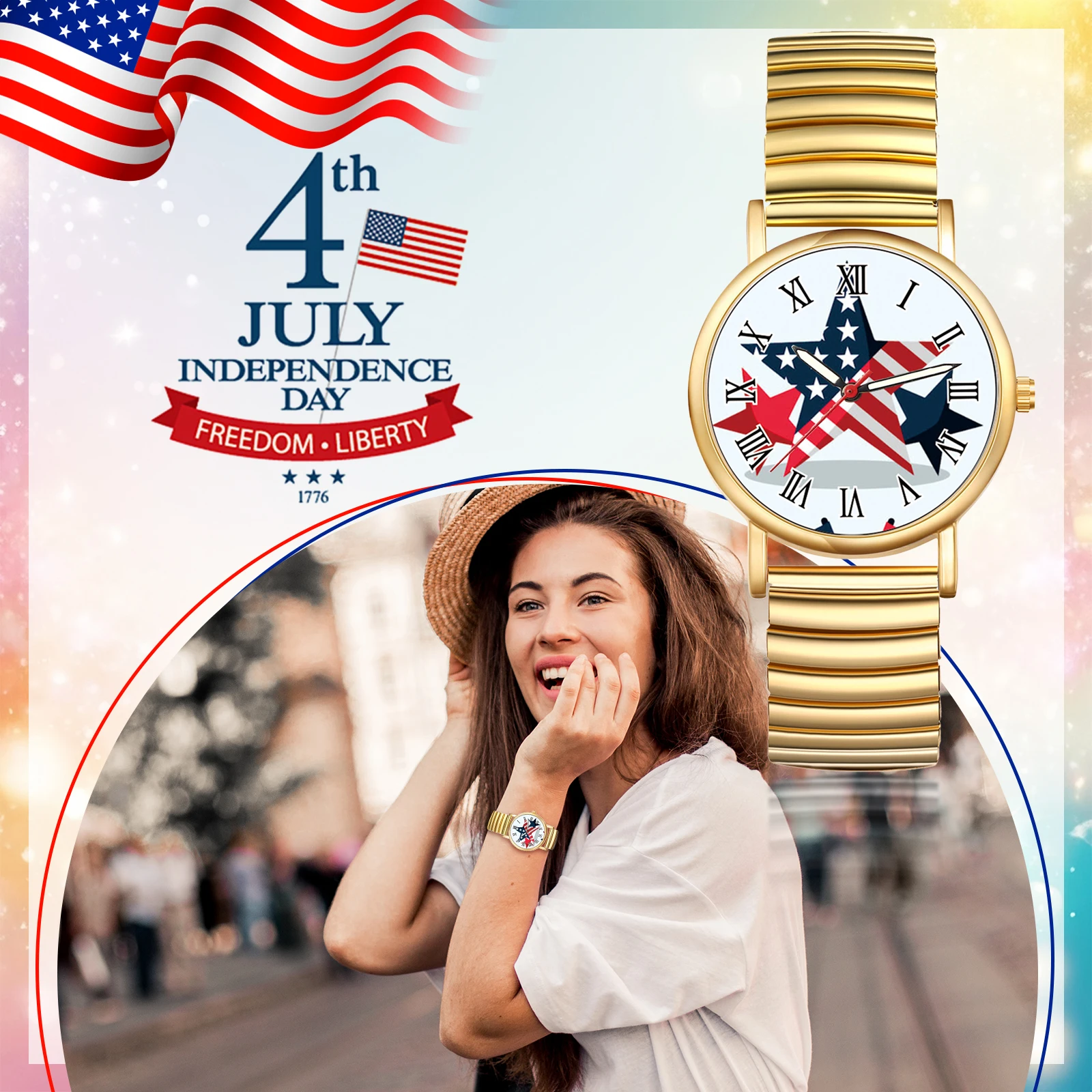 LANCARDO American Independence Day Quartz Watch Elastic Retractable Band Unisex Student Watch Four Seasons Universal Anniversary