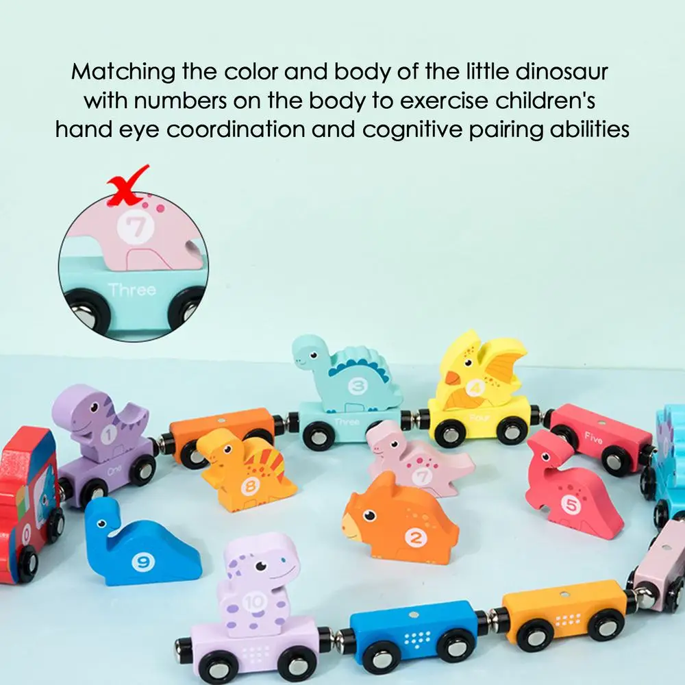 Small Magnetic Number Train Wooden Train Cars Smooth Edges Dinosaur Train Game Educational Car Toy For Knowing Various Colors