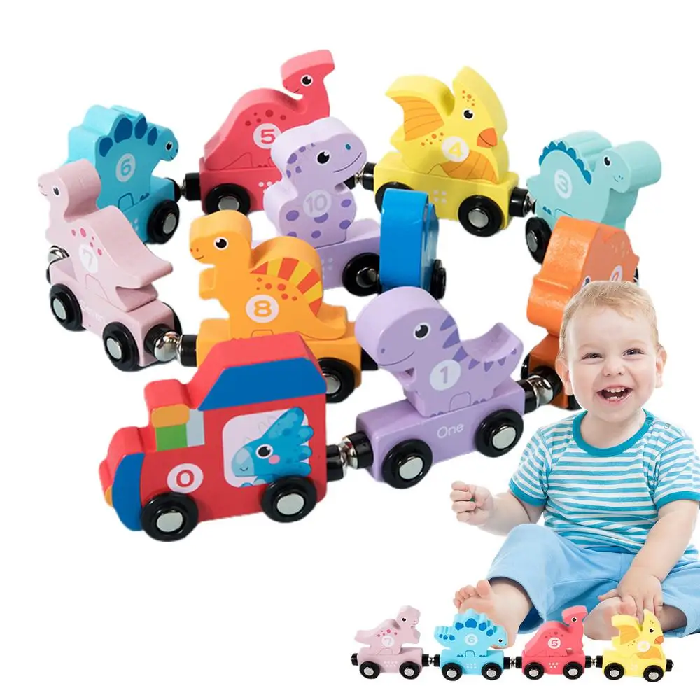 Small Magnetic Number Train Wooden Train Cars Smooth Edges Dinosaur Train Game Educational Car Toy For Knowing Various Colors