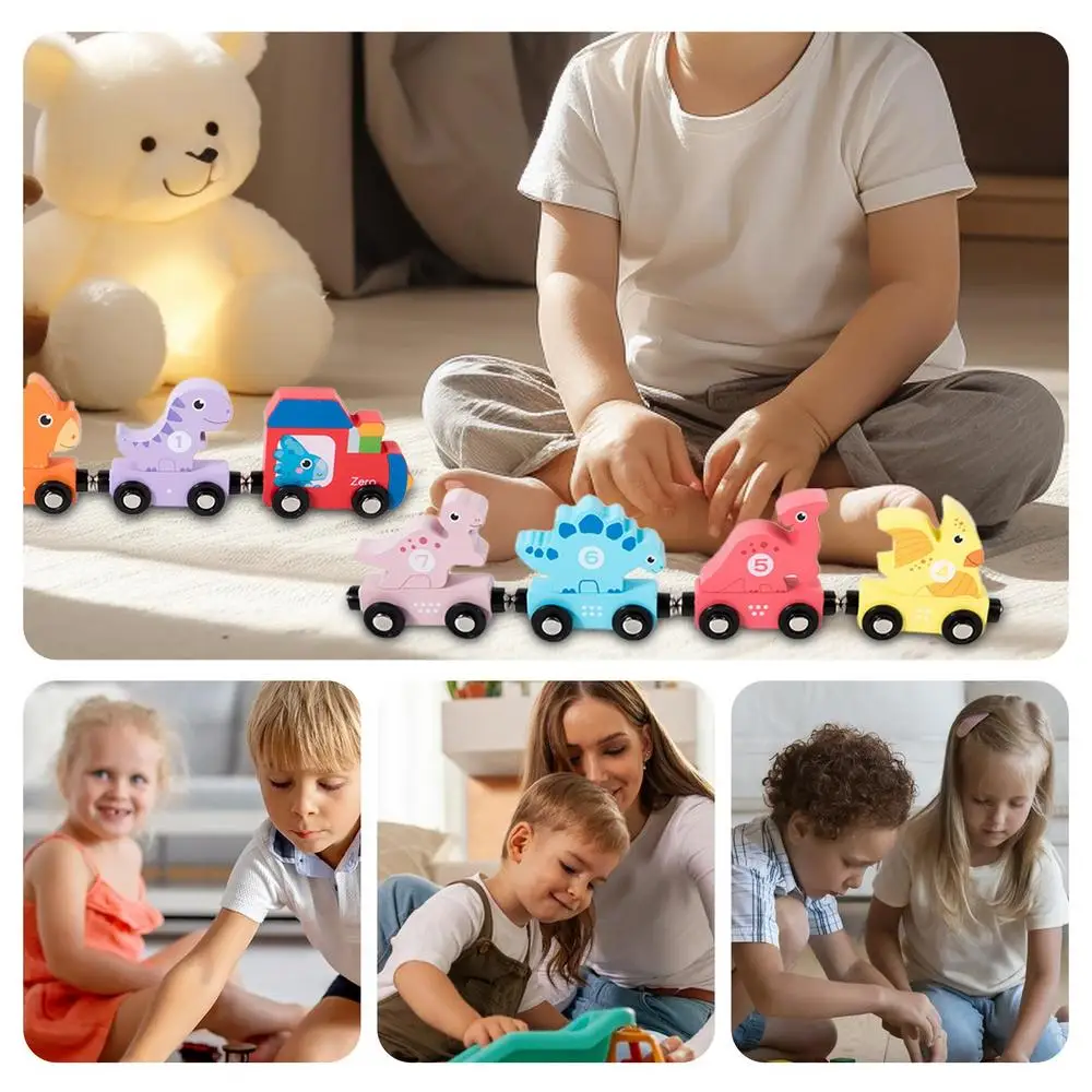 Small Magnetic Number Train Wooden Train Cars Smooth Edges Dinosaur Train Game Educational Car Toy For Knowing Various Colors