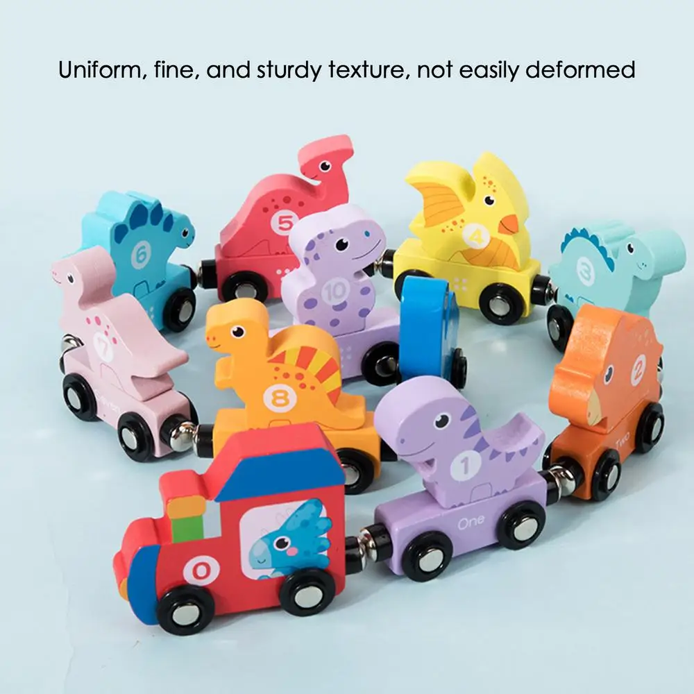Small Magnetic Number Train Wooden Train Cars Smooth Edges Dinosaur Train Game Educational Car Toy For Knowing Various Colors