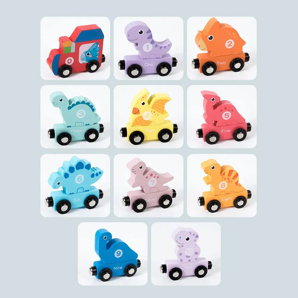 Small Magnetic Number Train Wooden Train Cars Smooth Edges Dinosaur Train Game Educational Car Toy For Knowing Various Colors