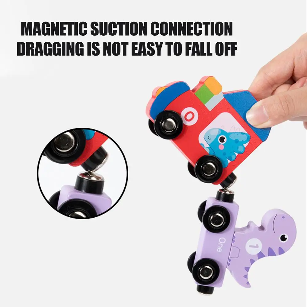 Small Magnetic Number Train Wooden Train Cars Smooth Edges Dinosaur Train Game Educational Car Toy For Knowing Various Colors