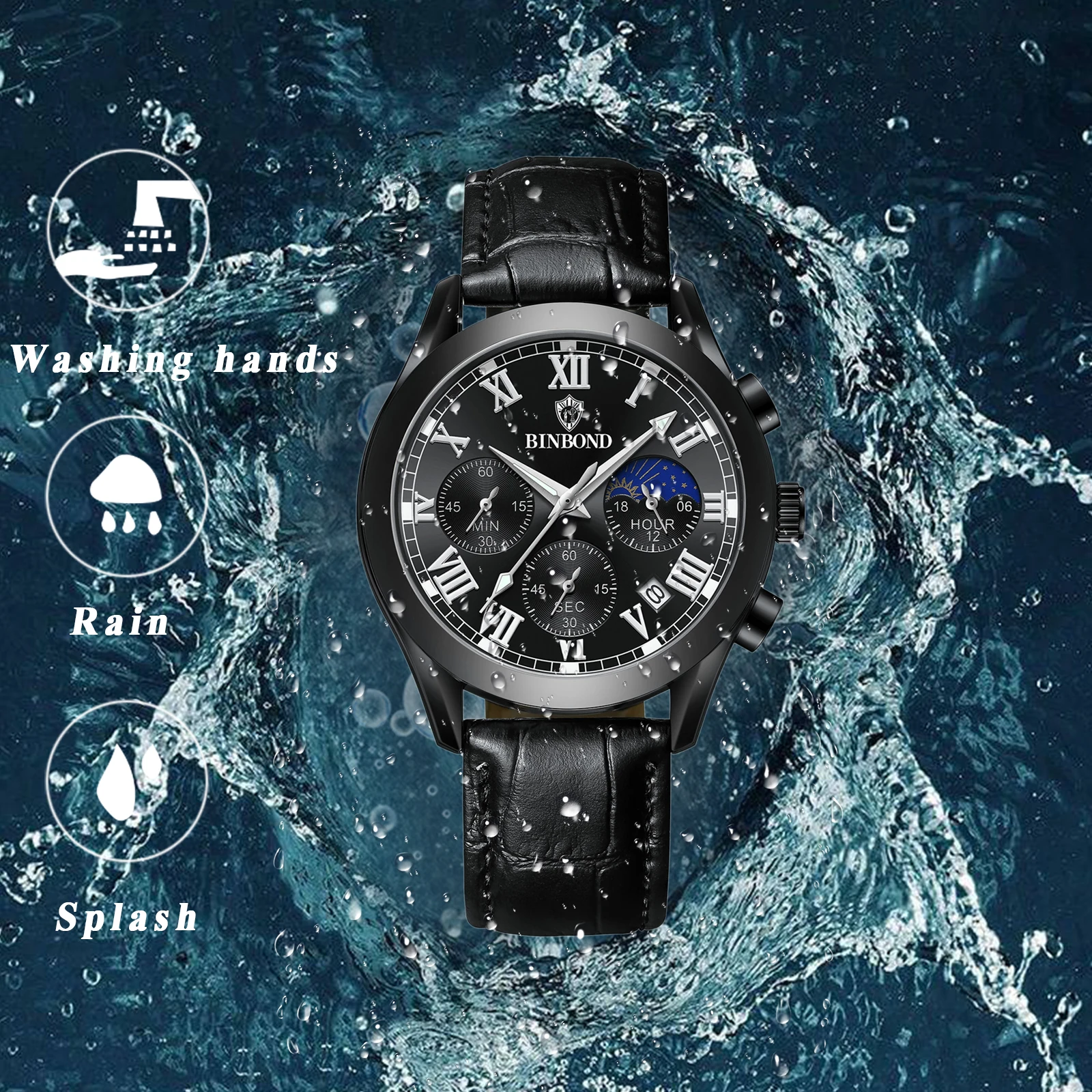 LANCARDO Three-eye Multi-functional Leather Watch Waterproof Glow-in-the-dark Hands Scale Timing Fashion Exquisite Men's Watch