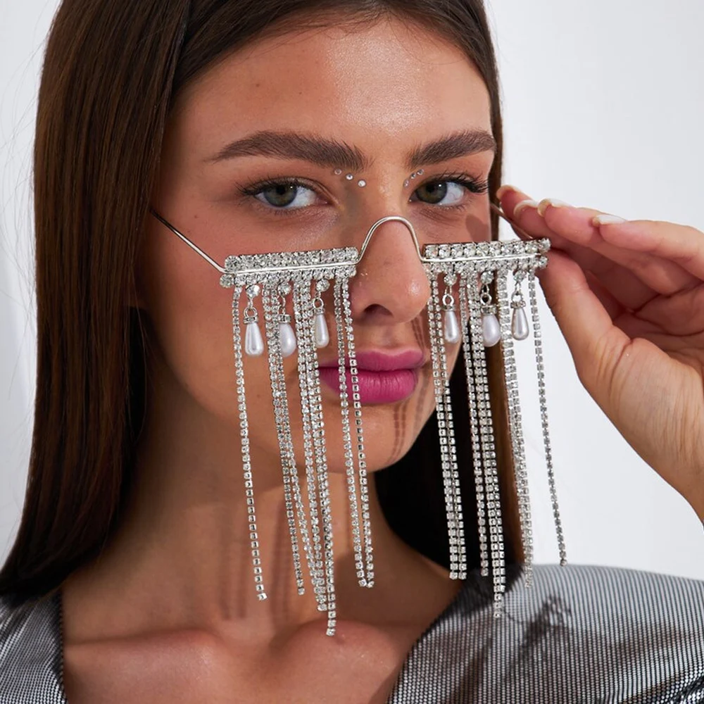 Stonefans Rhinestone Designer Tassel Gasses Frame for Women Half No Lenses Face Jewelry Eye Wear Decoration Make up Rave Fashion