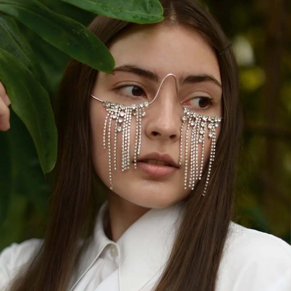 Stonefans Rhinestone Designer Tassel Gasses Frame for Women Half No Lenses Face Jewelry Eye Wear Decoration Make up Rave Fashion