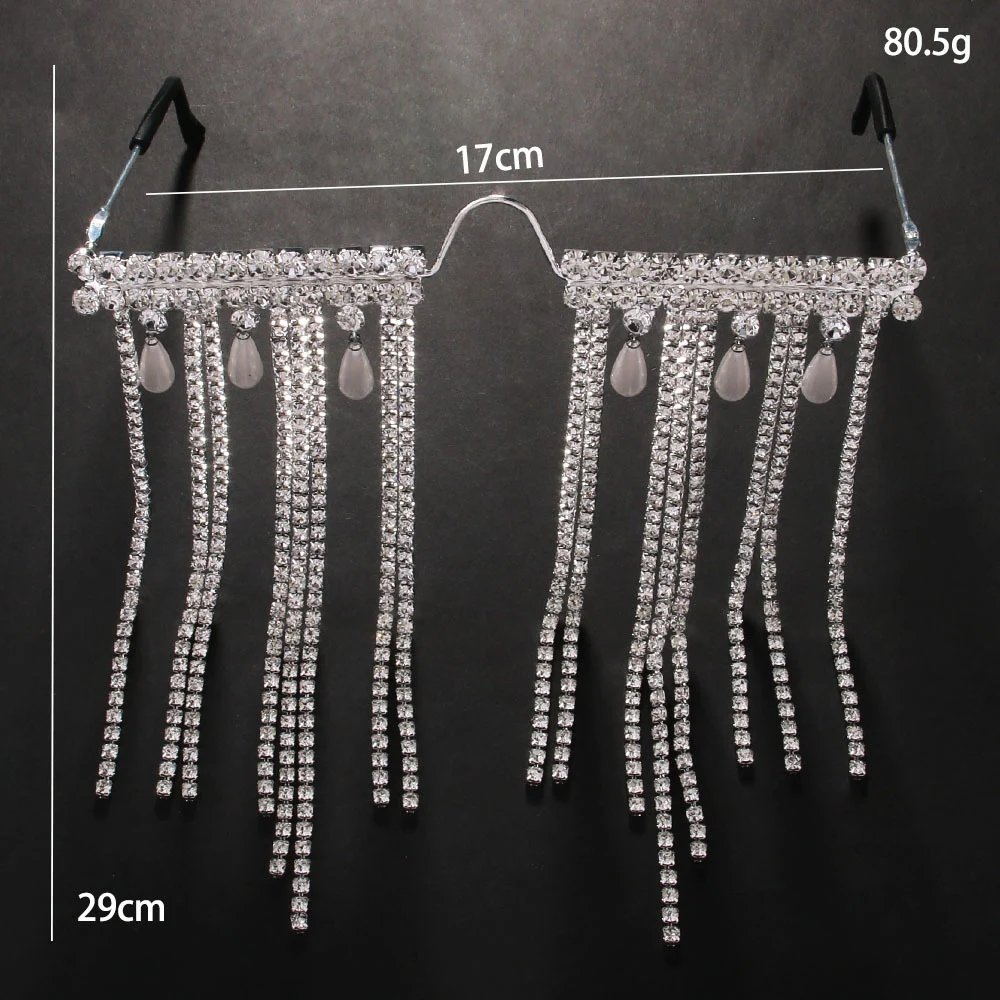 Stonefans Rhinestone Designer Tassel Gasses Frame for Women Half No Lenses Face Jewelry Eye Wear Decoration Make up Rave Fashion