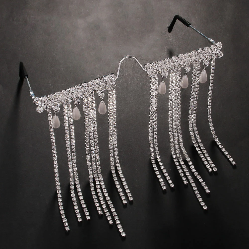 Stonefans Rhinestone Designer Tassel Gasses Frame for Women Half No Lenses Face Jewelry Eye Wear Decoration Make up Rave Fashion