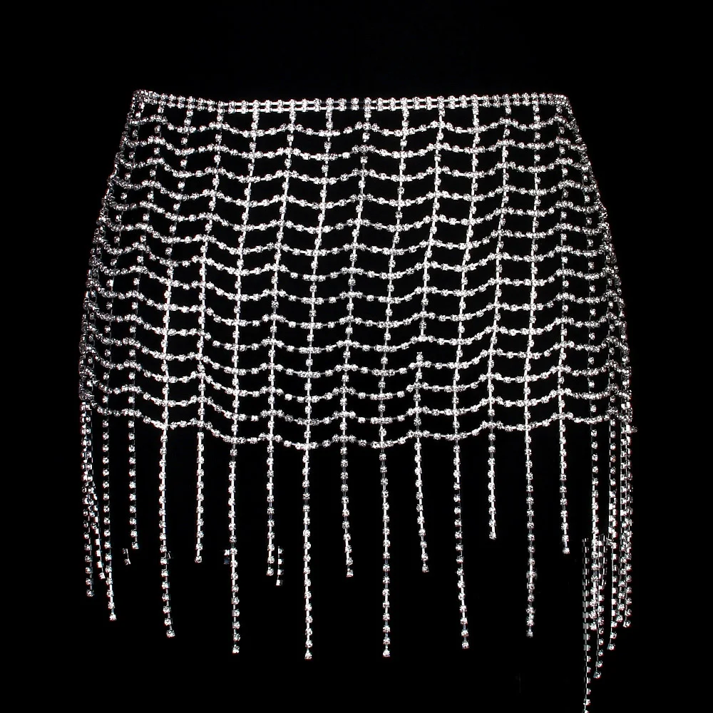 Stonefans Mesh Tassel Rhinestone Bottoms Body Jewelry for Women Summer Beach Package Hip Skirt Body Chain Night Club Outfits