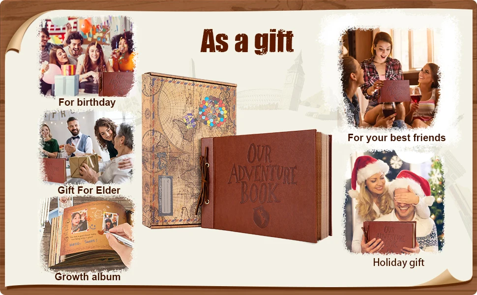 80 Pages Our Adventure Book Scrapbook Album Retro Embossed Letter Leather Hard Cover Couples Wedding Anniversary Memory Book