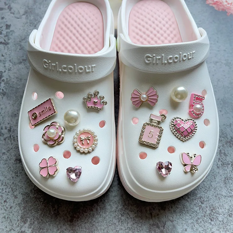 14Pcs Pink Shoe Charms Set Diamond Pearl Rhinestone Detachable Chain buckle Girls Shoe Decoration Creative DIY Shoe Flower
