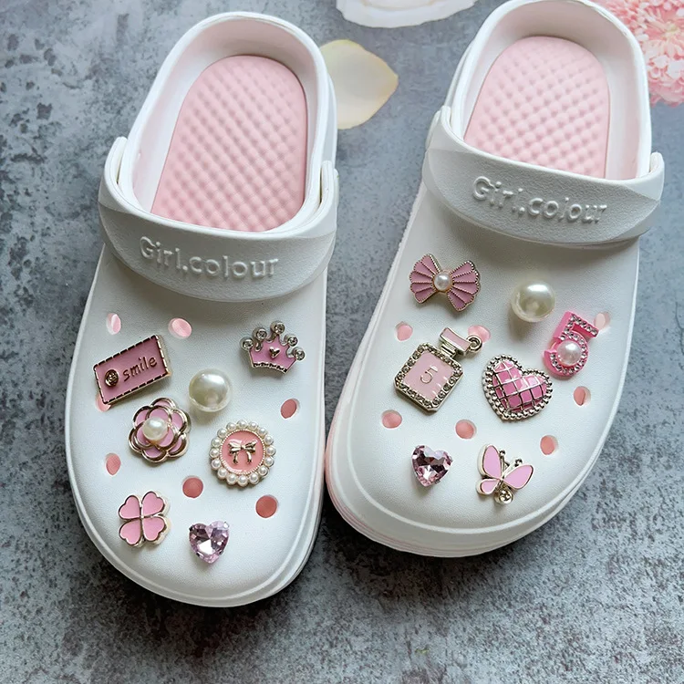 14Pcs Pink Shoe Charms Set Diamond Pearl Rhinestone Detachable Chain buckle Girls Shoe Decoration Creative DIY Shoe Flower