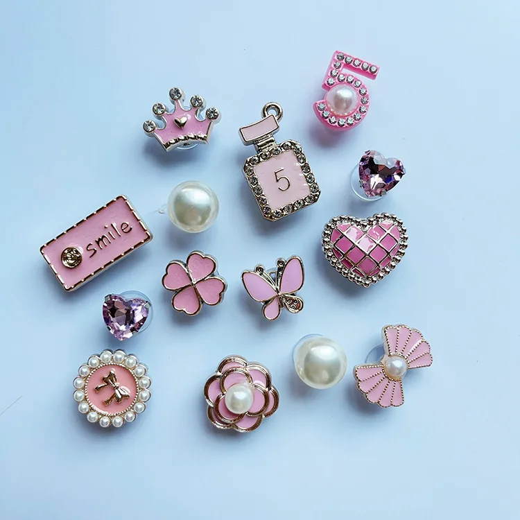 14Pcs Pink Shoe Charms Set Diamond Pearl Rhinestone Detachable Chain buckle Girls Shoe Decoration Creative DIY Shoe Flower