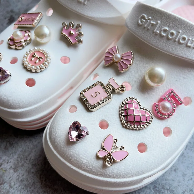 14Pcs Pink Shoe Charms Set Diamond Pearl Rhinestone Detachable Chain buckle Girls Shoe Decoration Creative DIY Shoe Flower