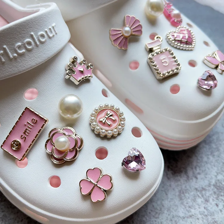14Pcs Pink Shoe Charms Set Diamond Pearl Rhinestone Detachable Chain buckle Girls Shoe Decoration Creative DIY Shoe Flower