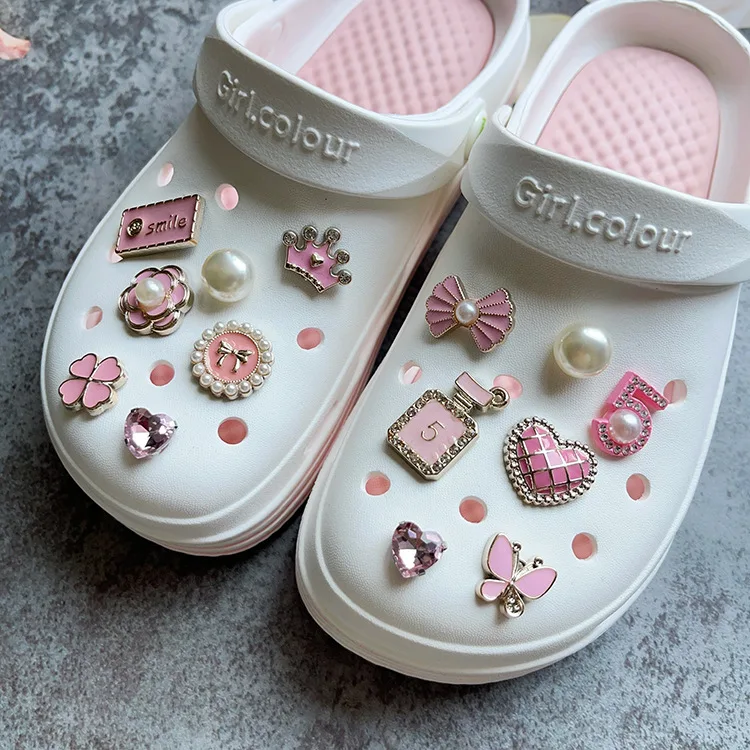 14Pcs Pink Shoe Charms Set Diamond Pearl Rhinestone Detachable Chain buckle Girls Shoe Decoration Creative DIY Shoe Flower
