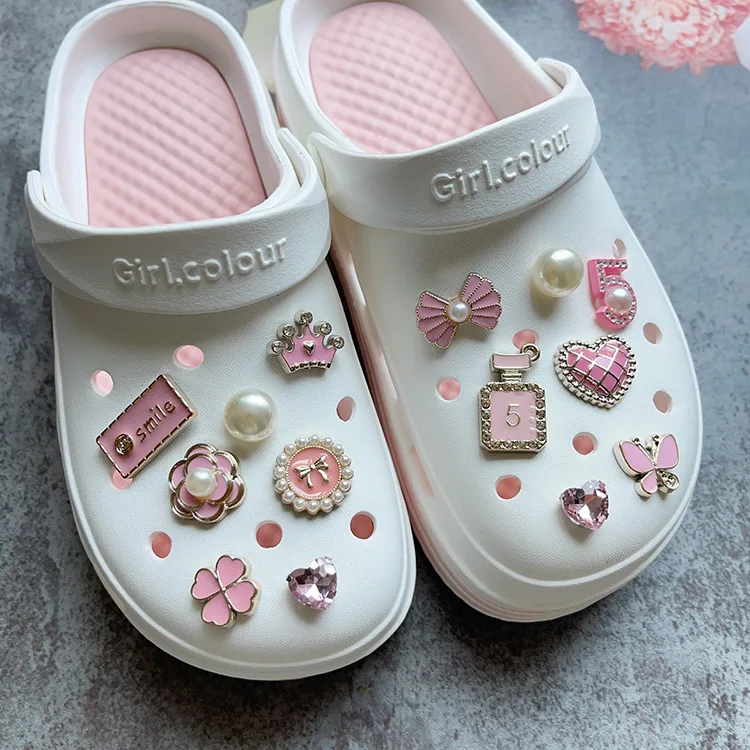14Pcs Pink Shoe Charms Set Diamond Pearl Rhinestone Detachable Chain buckle Girls Shoe Decoration Creative DIY Shoe Flower