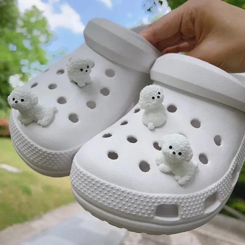 3D Cute Mini Puppy Shoe Decoration Set Detachable Diy Bichon Frise Dog Figurines Accessory, Used For Clogs, Holiday Party Gifts