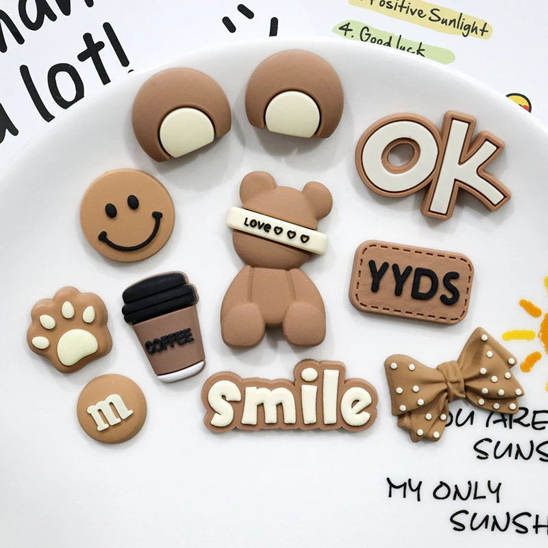 19PCS Brown Bear Shoes Charms Set Cute Smile Coffee Shoe Accessories PVC Clog Decorations for Sandals Perfect Gift for Party