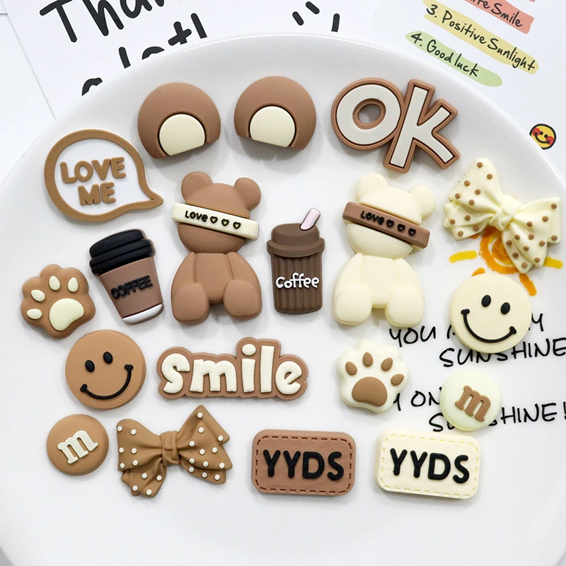 19PCS Brown Bear Shoes Charms Set Cute Smile Coffee Shoe Accessories PVC Clog Decorations for Sandals Perfect Gift for Party