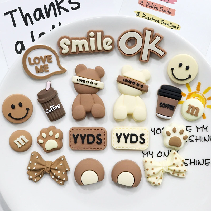 19PCS Brown Bear Shoes Charms Set Cute Smile Coffee Shoe Accessories PVC Clog Decorations for Sandals Perfect Gift for Party