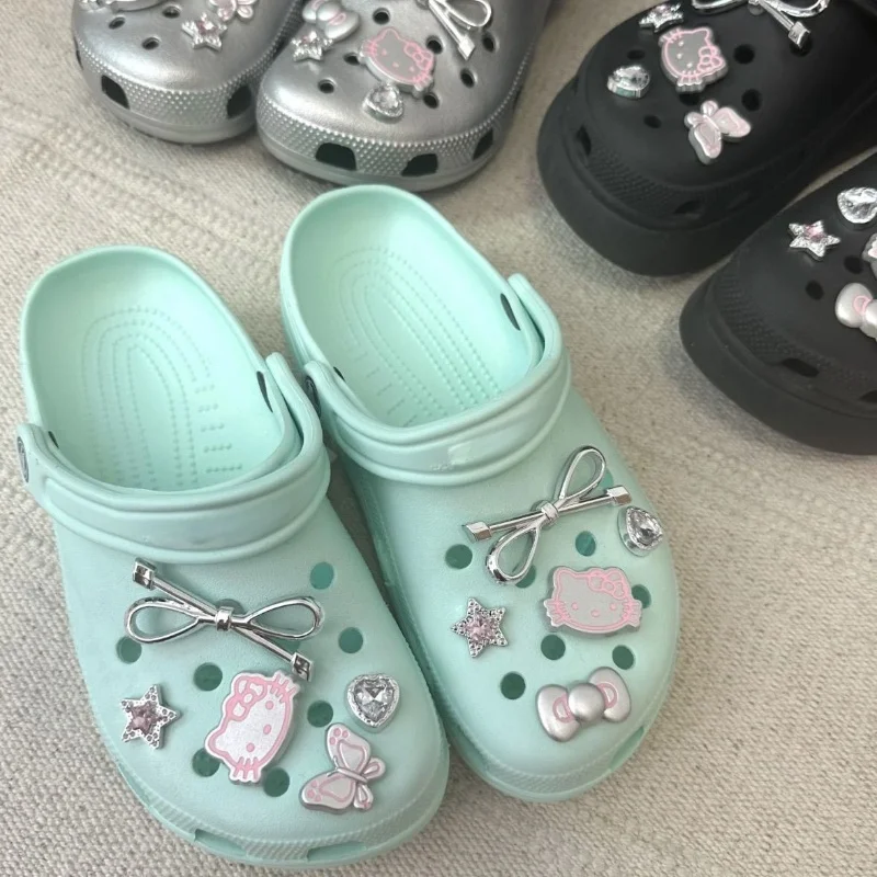10PCS Silvery Hello Kitty Set Girls Women Shoe Charms DIY Hole Shoes Detachable Buckle Garden Shoes Accessories Festival Gift