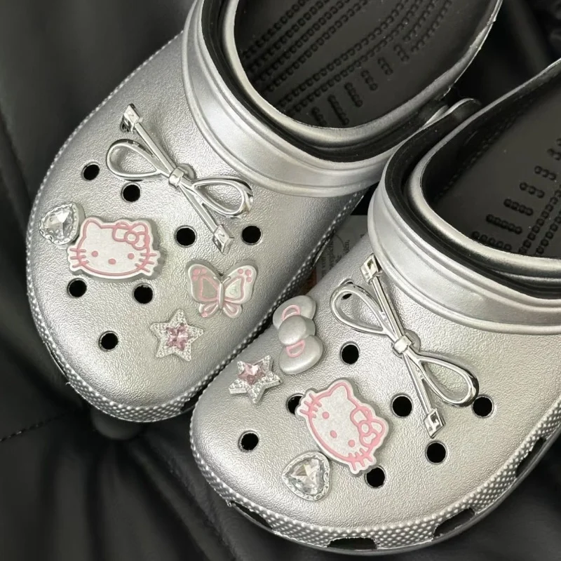 10PCS Silvery Hello Kitty Set Girls Women Shoe Charms DIY Hole Shoes Detachable Buckle Garden Shoes Accessories Festival Gift