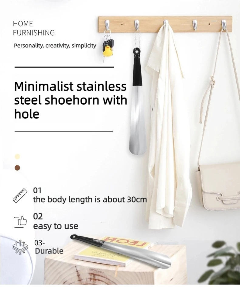 Simple Stainless Steel Shoe Horn: Slip on Shoes While Standing. No Bending. Easy-Grip with Hanging Hole. Fits All Footwear.