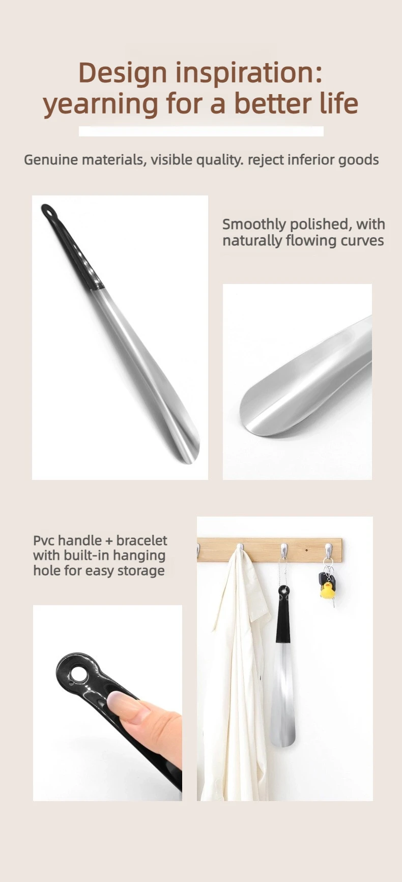 Simple Stainless Steel Shoe Horn: Slip on Shoes While Standing. No Bending. Easy-Grip with Hanging Hole. Fits All Footwear.