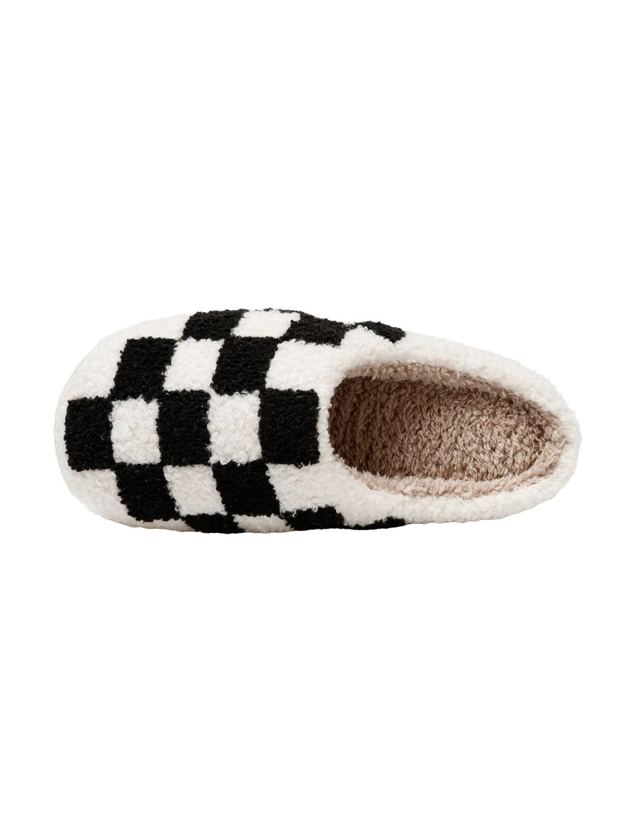 New Fuzzy Slippers Fashion Checker Indoor Embroidery Houseshoes Cozy Woman Winter Fluffy House Retro Checkered Print Shoes