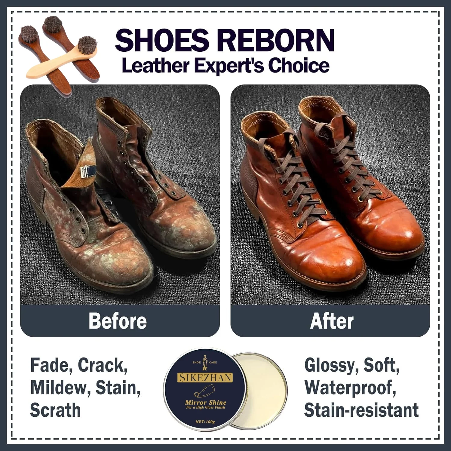 Mirror Shine Shoe Polish Wax Neutral Leather Care Paste Wooden Handle Horsehair Dauber Brush for Boots Cleaning