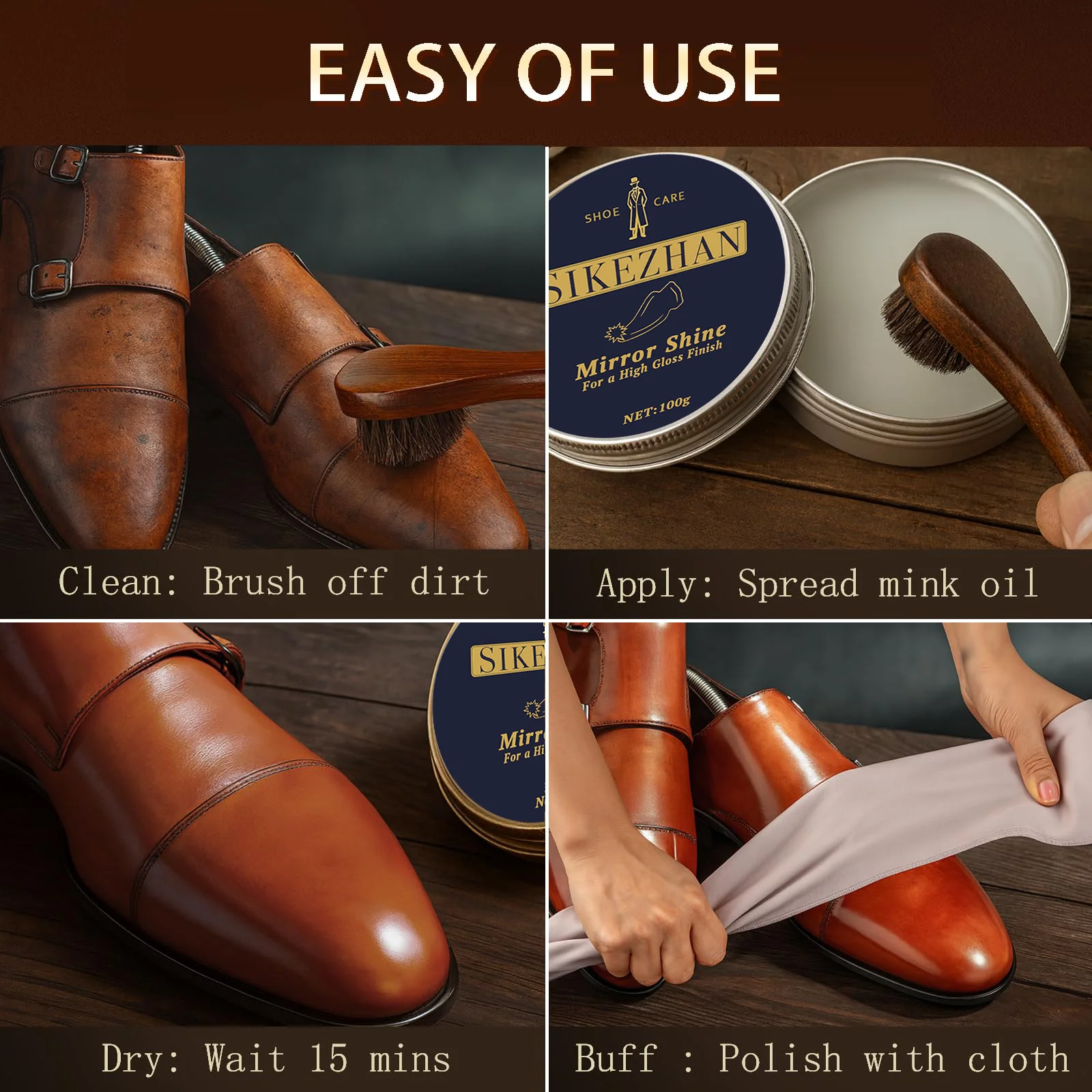 Mirror Shine Shoe Polish Wax Neutral Leather Care Paste Wooden Handle Horsehair Dauber Brush for Boots Cleaning