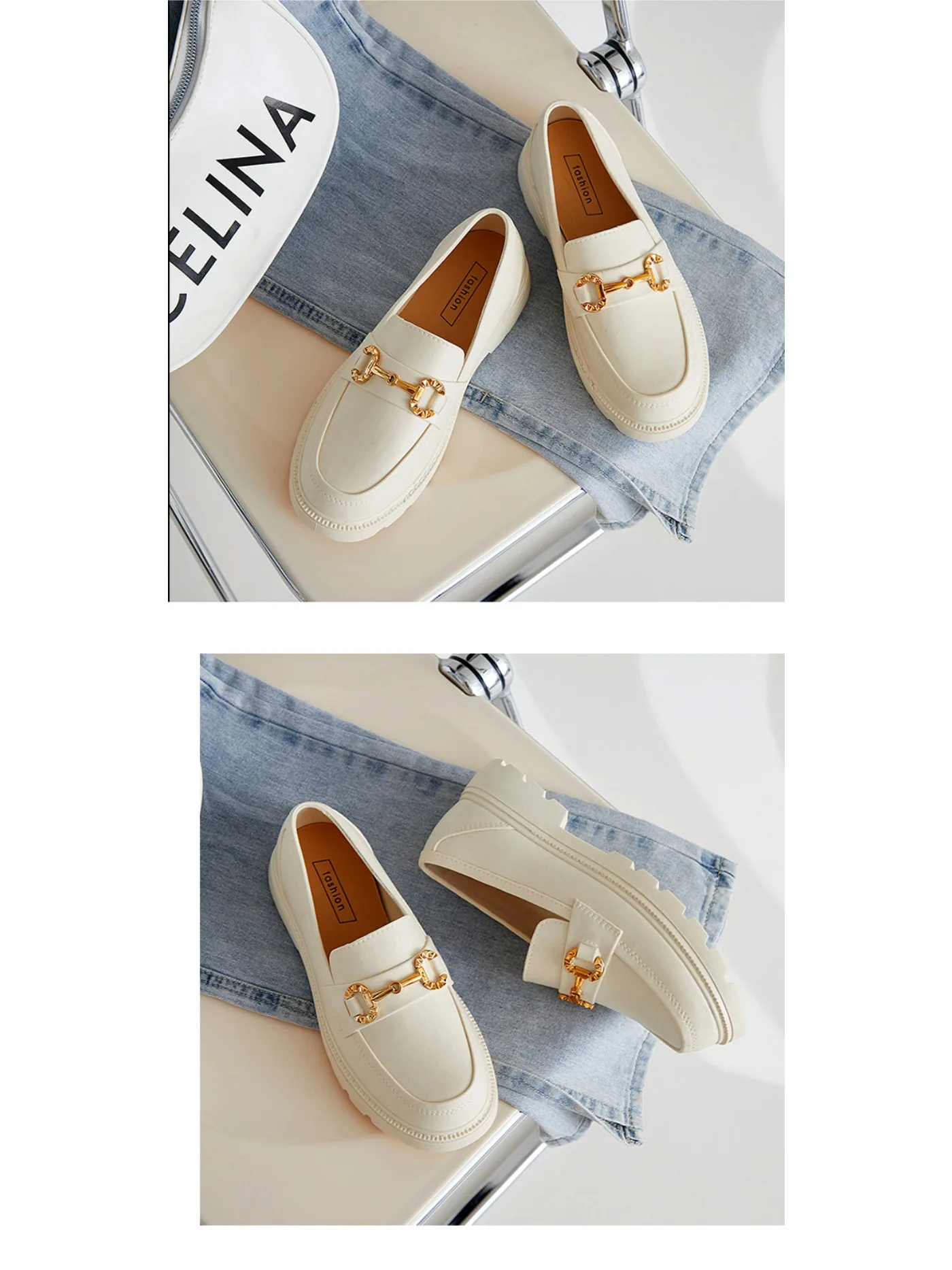 New Loafers British Style Retro Small Gold Buckle Round Head PVC One Pedal