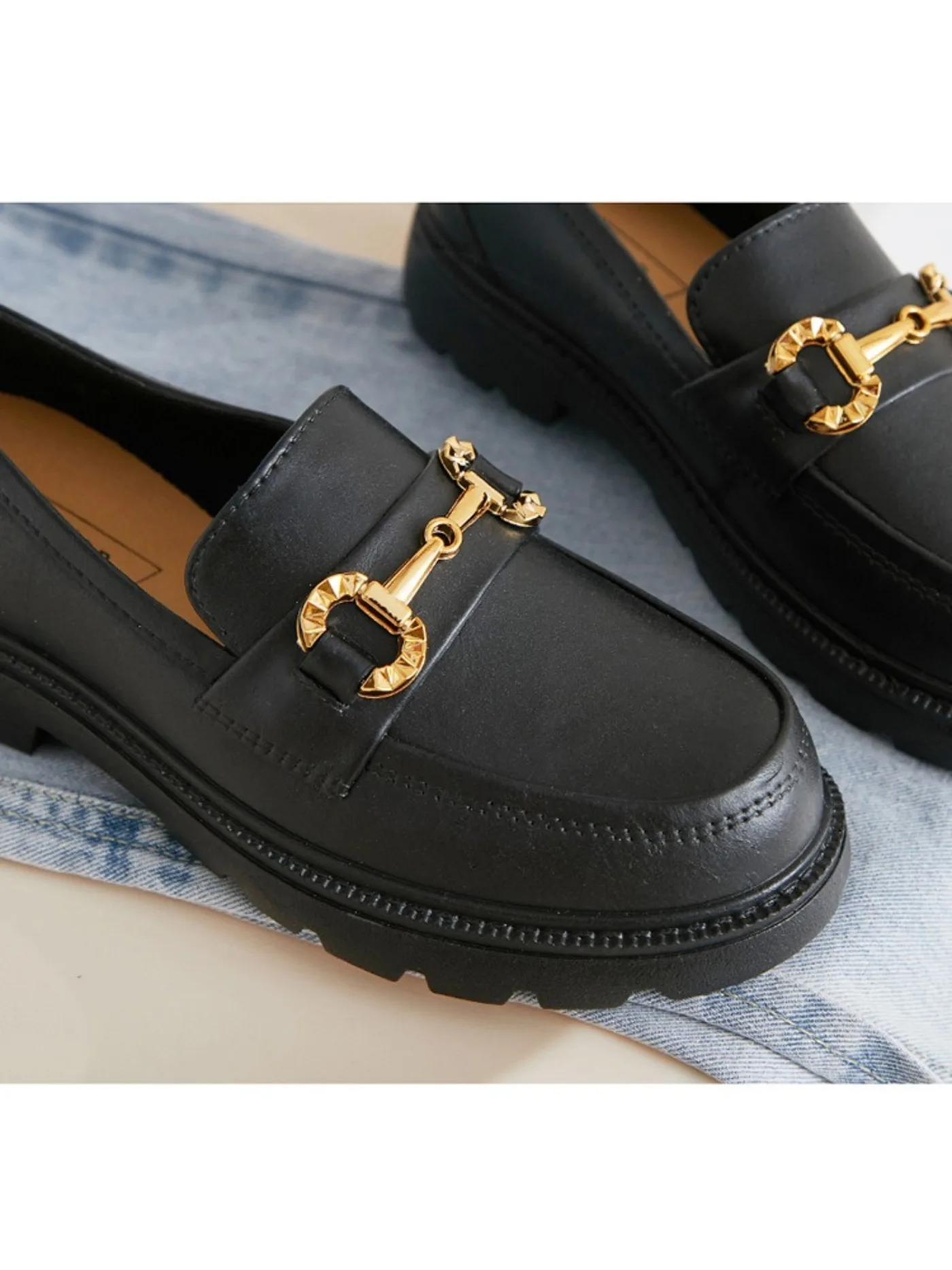 New Loafers British Style Retro Small Gold Buckle Round Head PVC One Pedal