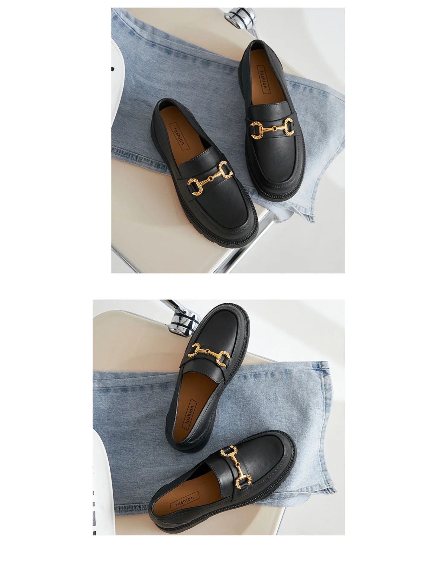 New Loafers British Style Retro Small Gold Buckle Round Head PVC One Pedal